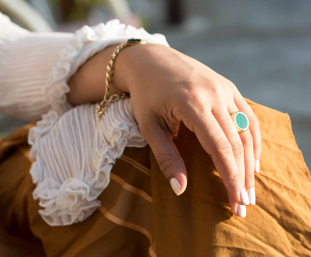 Legier :: Malachite ROUND Stone Signet Ring Size 6